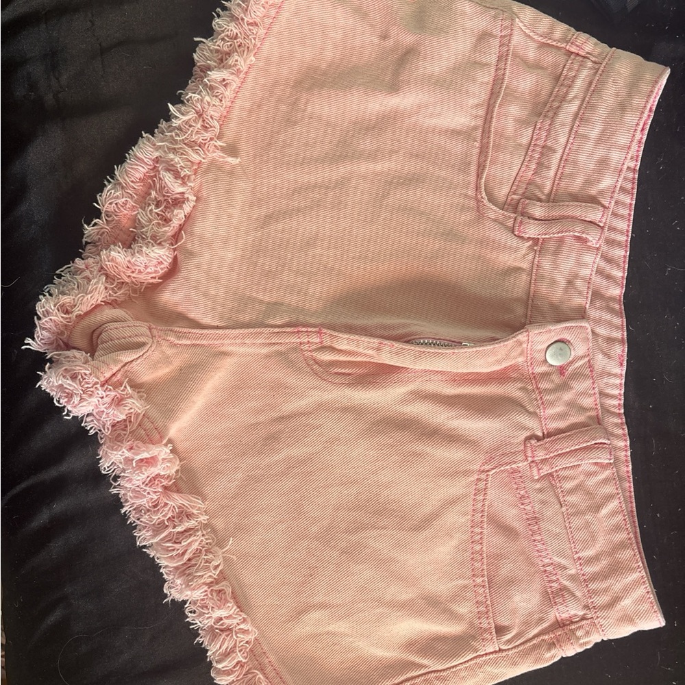 SHEIN Pink Jean Shorts with Frayed Hem